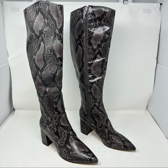 Marc Fisher Snake Grey Black Pointed Toe Over Knee Boots Side Zip 9.5 - Picture 1 of 9